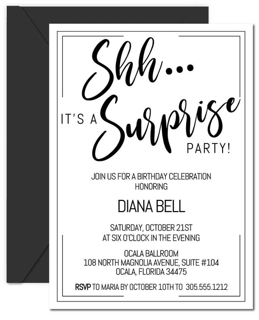 Black and White Surprise Birthday Invitations