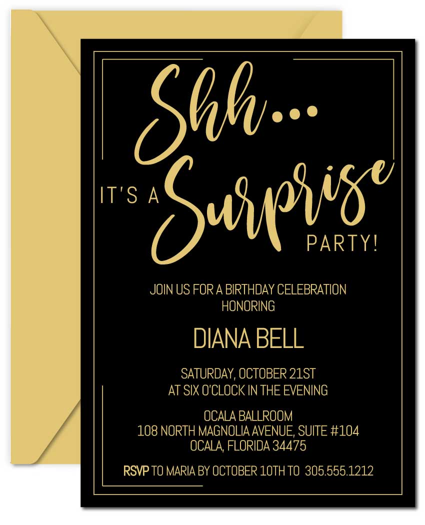 Black and Gold Surprise Birthday Invitations