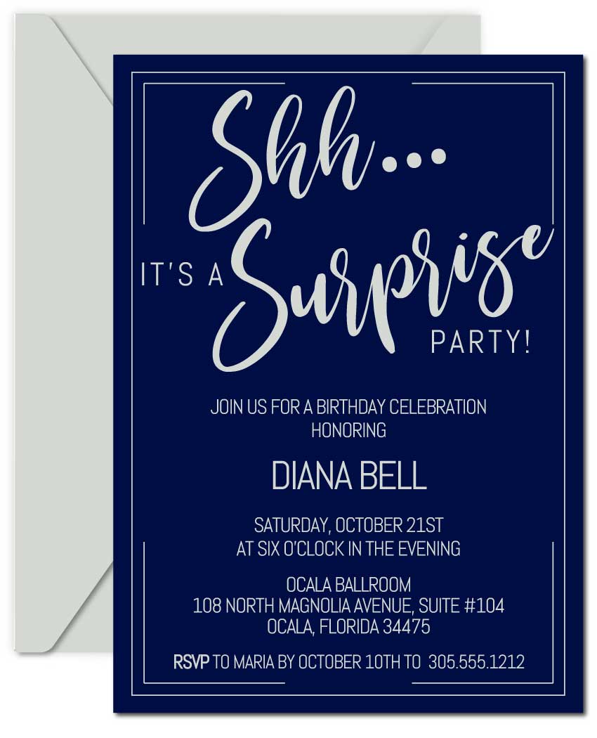 Navy and Silver Surprise Birthday Invitations