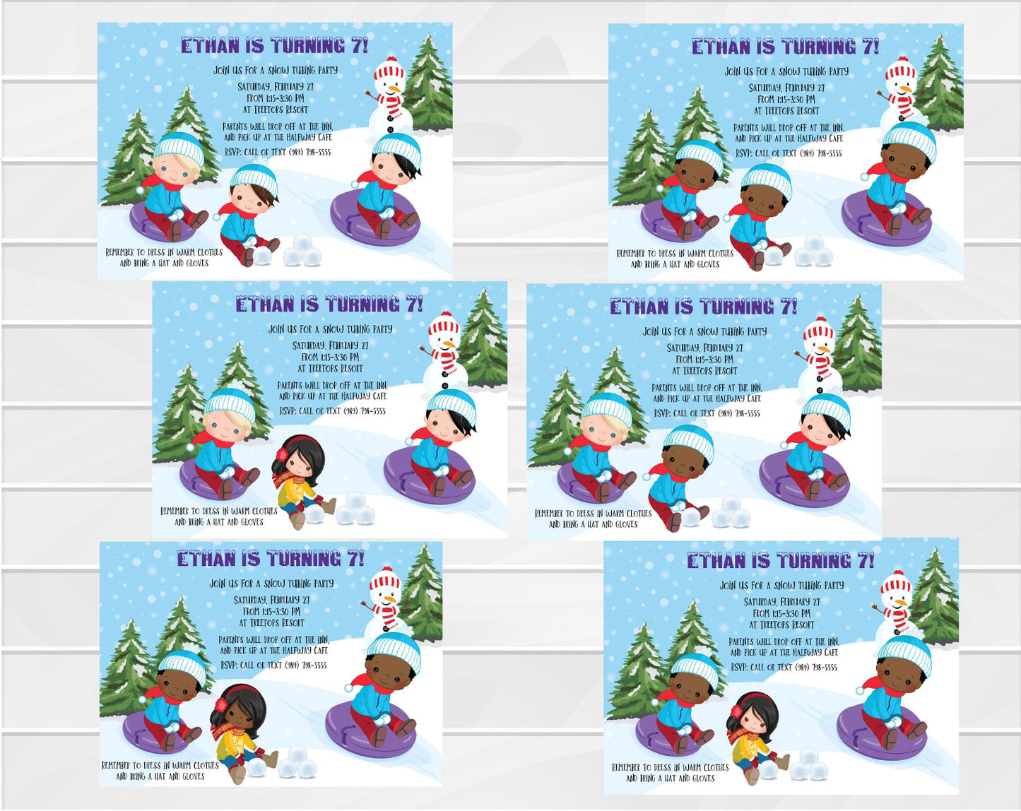 Boys Snow Tubing Invitation - Hair and Skin Tones