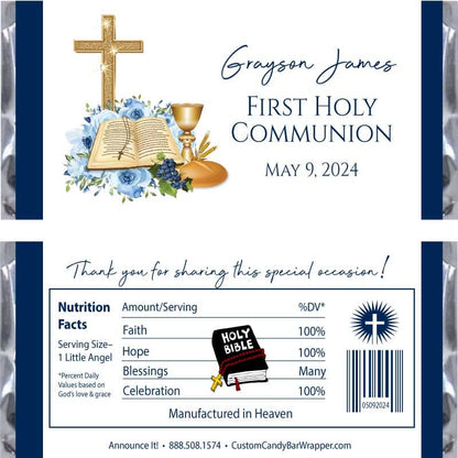 Blue Bible First Communion Candy Bar Wrappers
