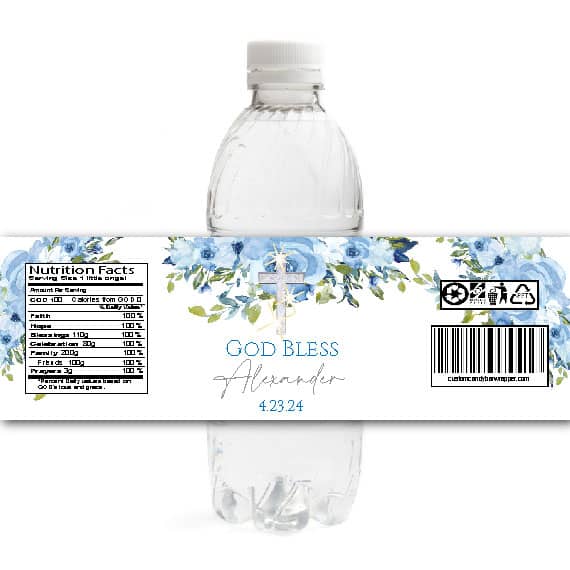 Blue Floral Baptism Water Bottle Labels