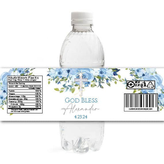Blue Floral Baptism Water Bottle Labels