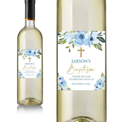 Blue Floral Baptism Wine Labels