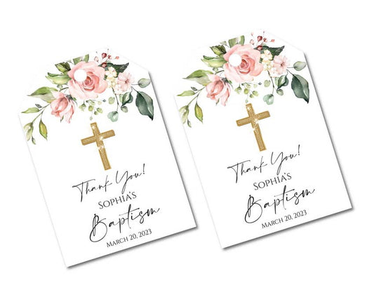 Blush Baptism Thank You Tags, Gold Cross