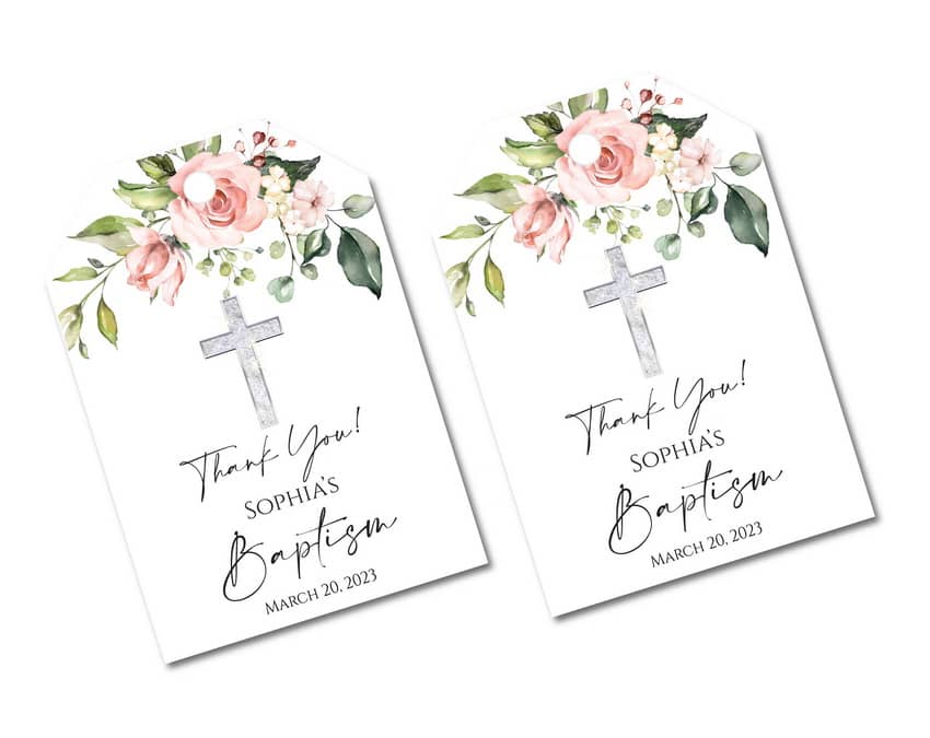 Blush Baptism Thank You Tags, Silver Cross