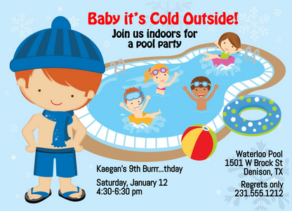 Boys Indoor Pool Party Birthday Invitation - Red Hair