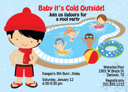 Boys Indoor Pool Party Birthday Invitation - Black Hair