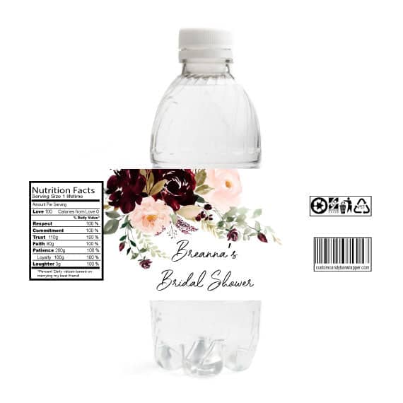 Burgundy Blush Bridal Shower Water Bottle Labels