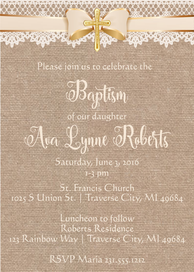 Burlap and Lace Baptism Invitations