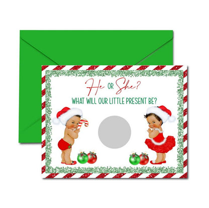 Christmas Gender Reveal Scratch Off Cards, Darker Complexion with Envelopes