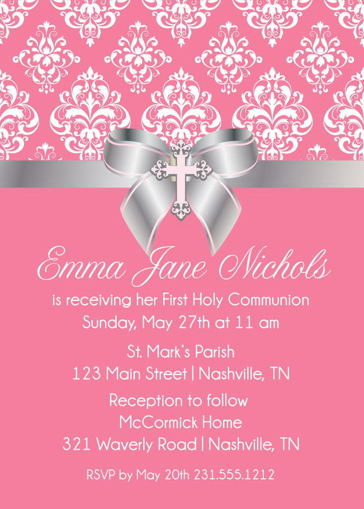 Damask Bow First Communion Invitation