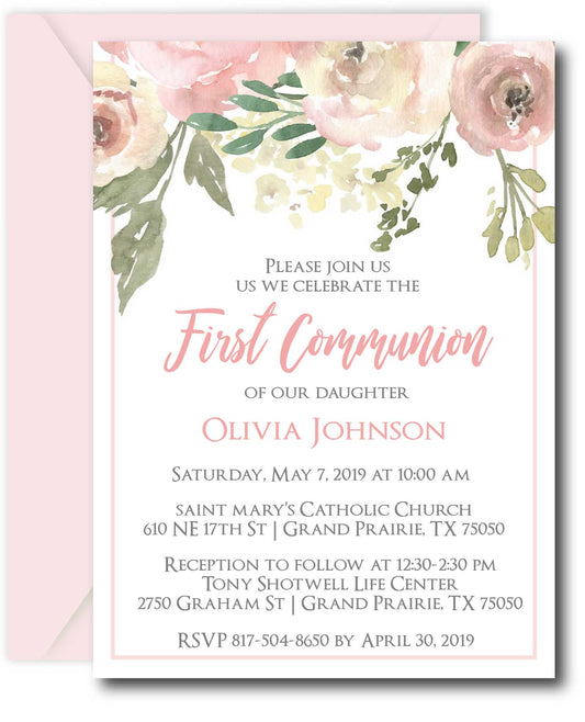 Floral Beauty First Communion Invitations
