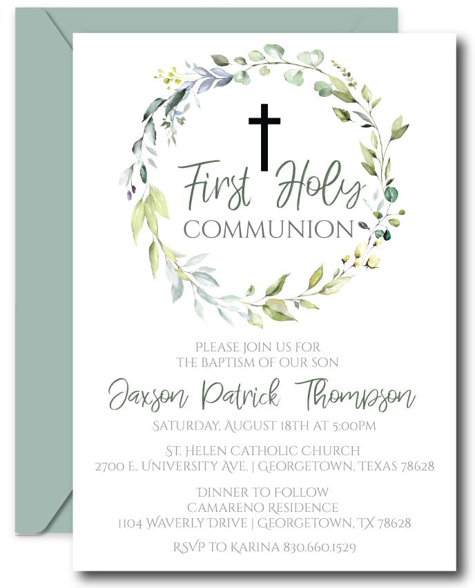 Greenery First Communion Invitations