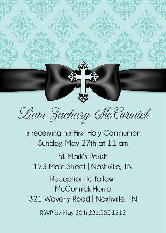 Damask Ribbon First Communion Invitations