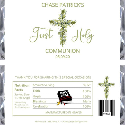 Greenery Cross First Communion Candy Bar Wrapper