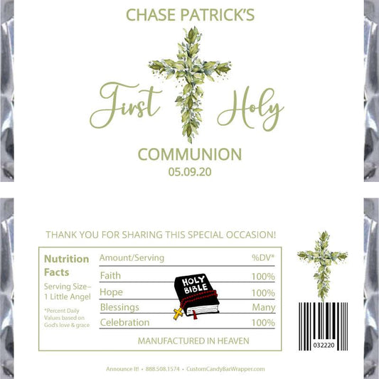 Greenery Cross First Communion Candy Bar Wrapper