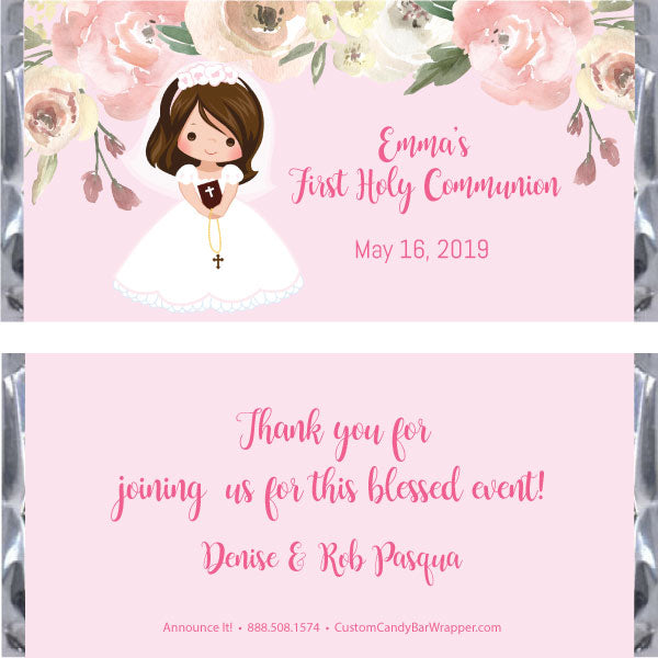 Girl First Communion Candy Bar Wrapper - Brunette