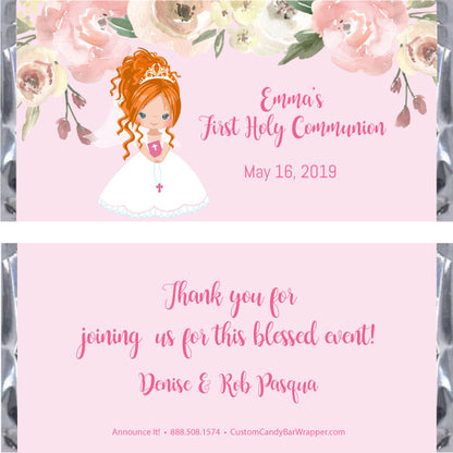 Girl First Communion Candy Bar Wrapper, Red Hair Up