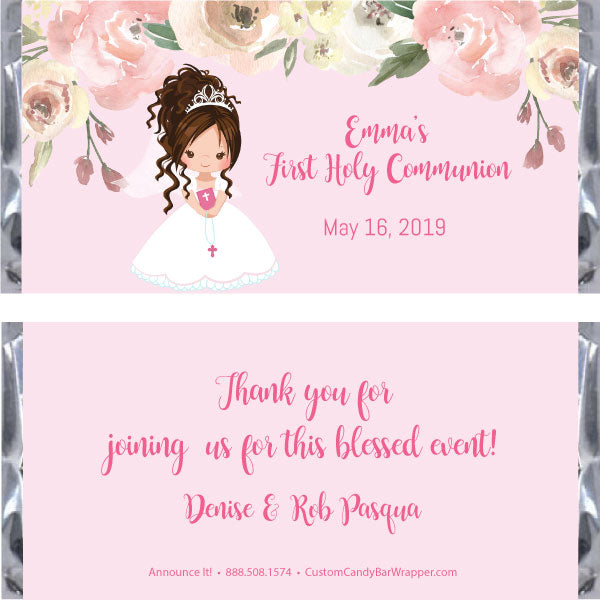 Girl First Communion Candy Bar Wrapper, brunette updo