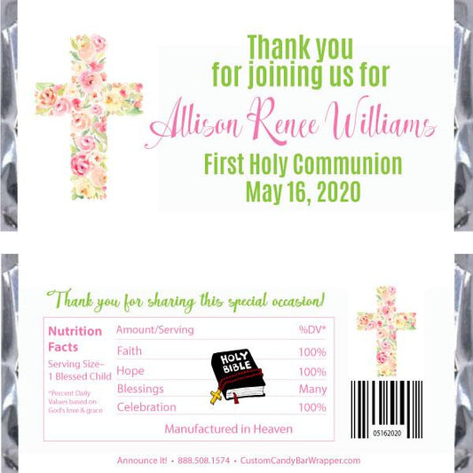 Floral Cross First Communion Candy Bar Wrappers 