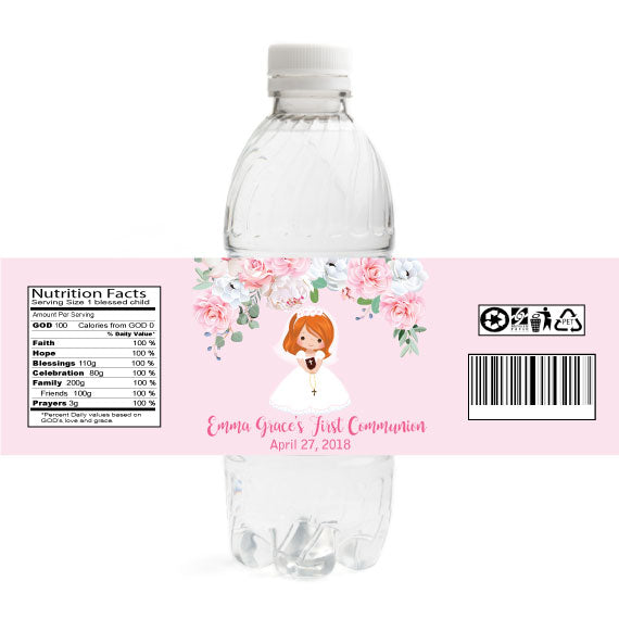 Girl Communion Water Bottle Labels - Red Hair