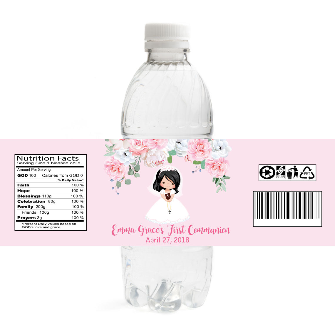 Girl Communion Water Bottle Labels - Black Hair