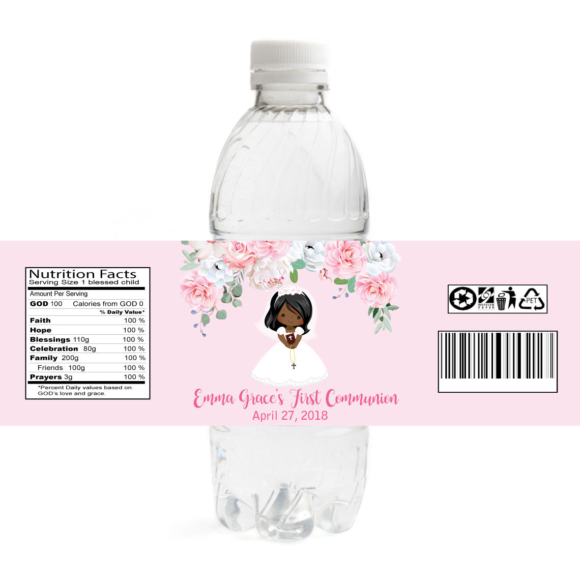 Girl Communion Water Bottle Labels - African American