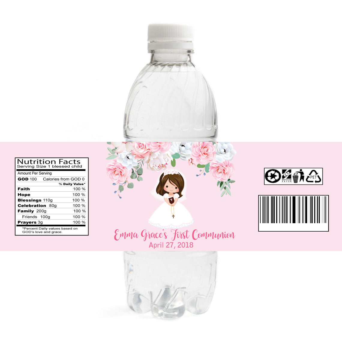 Girl Communion Water Bottle Labels - Brunette
