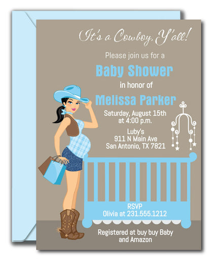 Cowboy Baby Shower Invitations - Black Hair