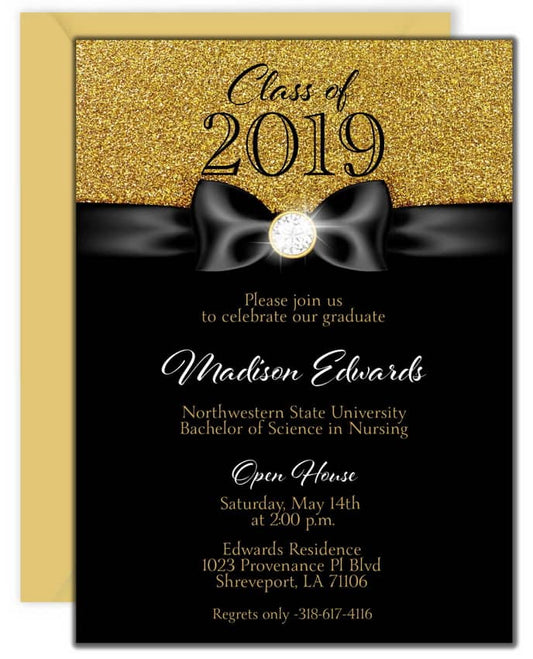 Gold Diamond Ribbon Graduation Invitation