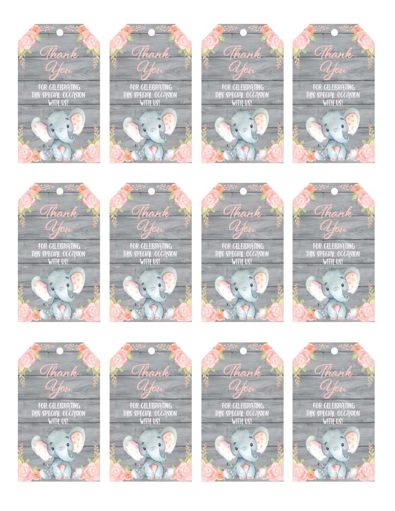 Pink Elephant Baby Shower Thank You Tags