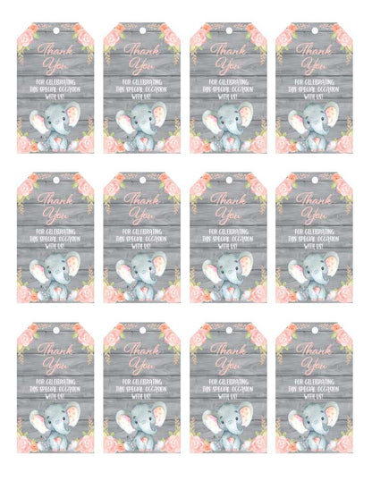 Pink Elephant Baby Shower Thank You Tags