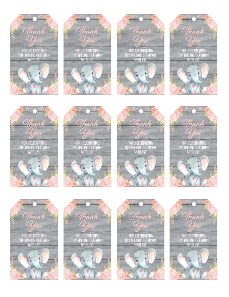Pink Elephant Baby Shower Thank You Tags