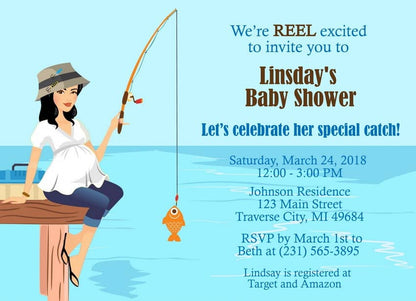Fishing Baby Shower Invitation - Black Hair