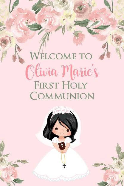 Girl First Communion Welcome Sign - Black Hair