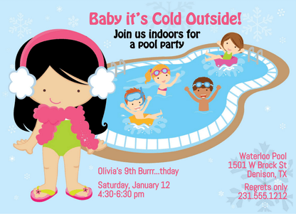 Girls Indoor Pool Party Birthday Invitation - Black Hair