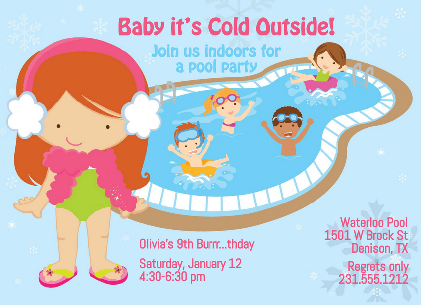 Girls Indoor Pool Party Birthday Invitation - Red Hair