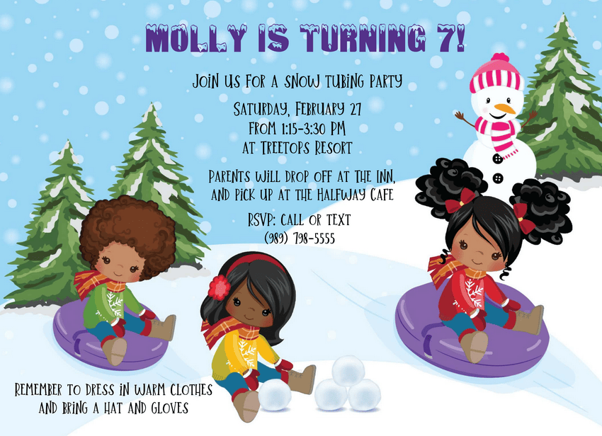 Girls Snow Tubing Invitation Darker Complexions