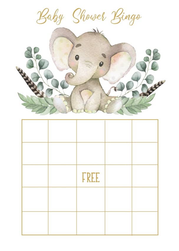 Gold Elephant Baby Shower Bingo Game Printable