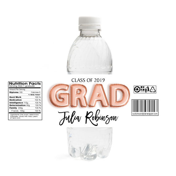 Foil Grad Graduation Water Bottle Labels, Rose Gold