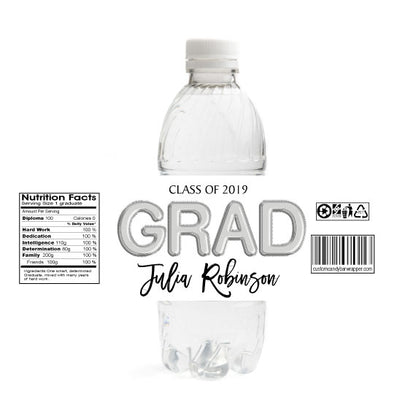 Foil Grad Graduation Water Bottle Labels - Silver