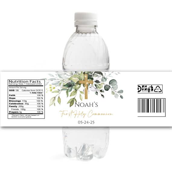Greenery First Communion Water Bottle Labels