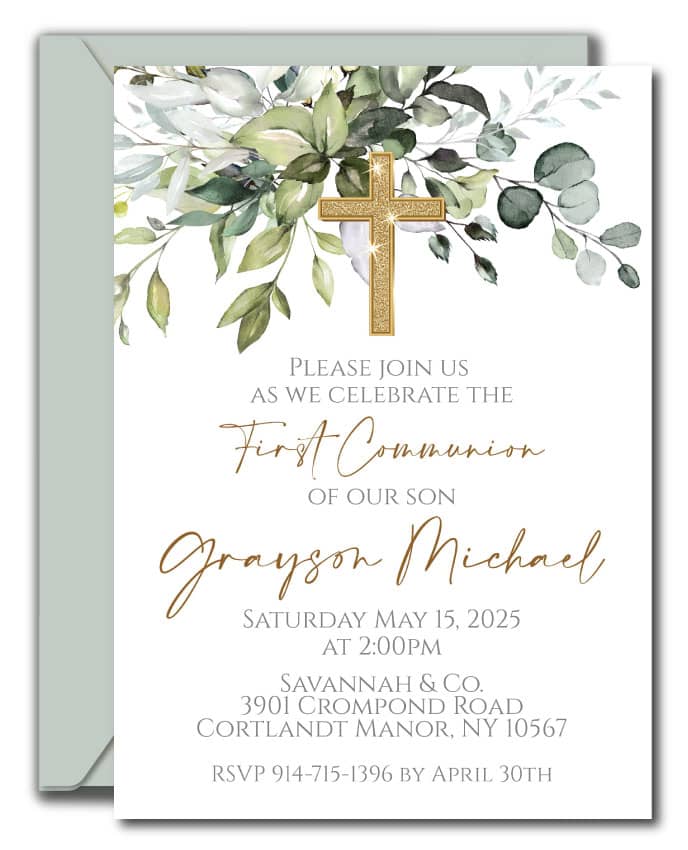 Greenery First Communion Invitations