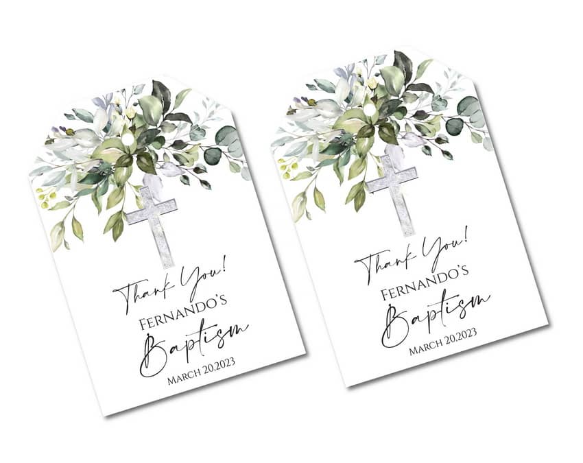 Greenery Baptism Thank You Tags - Silver Cross