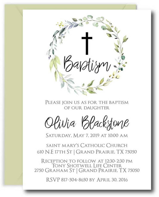 Greenery Wreath Baptism Invitations