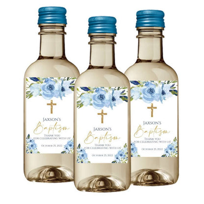 Blue Floral Baptism Mini Wine Labels