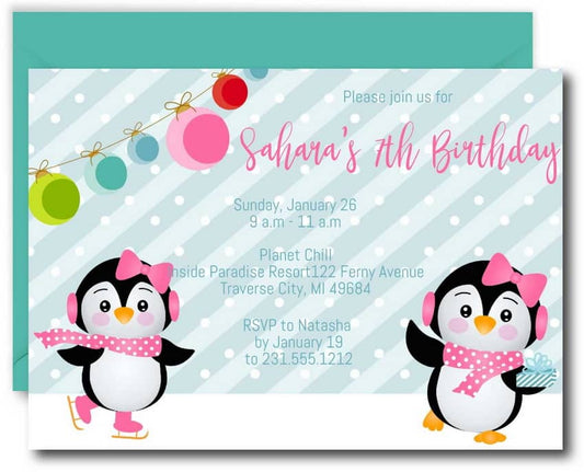 Penguins Ice Skating Birthday Invitation