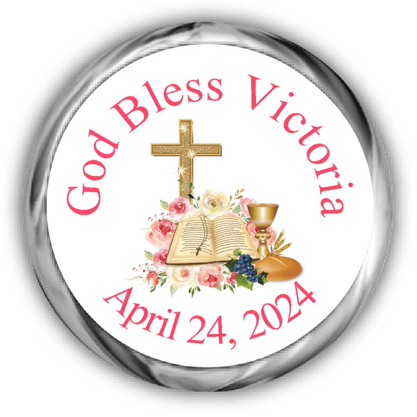 Pink Bible Cross First Communion Kisses Stickers