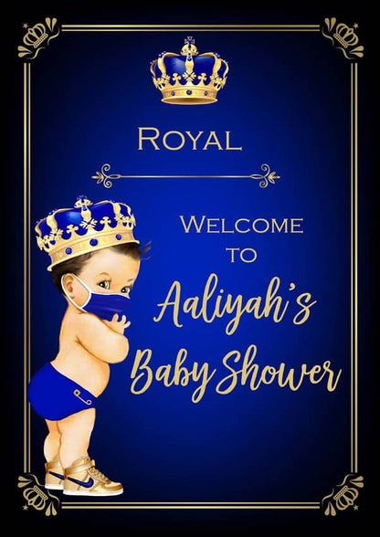 Prince Baby Shower Welcome Sign Brunette with Face Mask